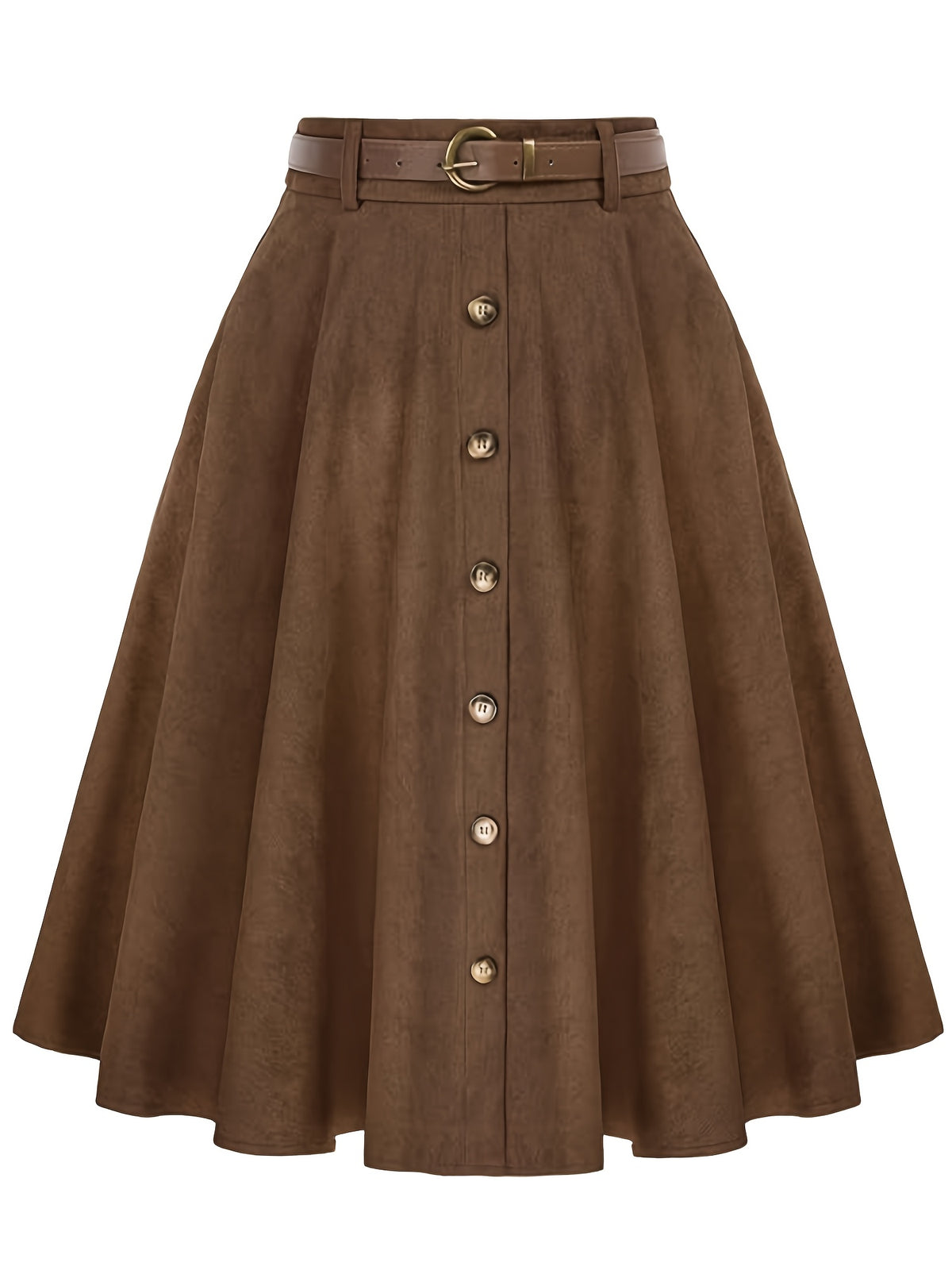 Women's Knee-Length Vintage Button-Waist A-Line Holiday Commute Corduroy Elegant Autumn/Winter Casual Skirt with Free Belt - Dark Brown