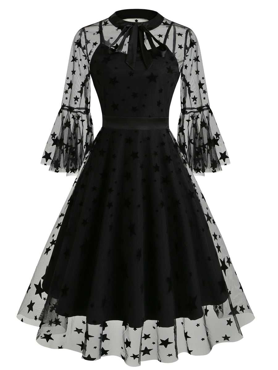 Vintage Mesh Embroidered Patchwork Mid-Sleeve Gothic Dark Evening Gown, for Gatherings, Parties, Dress, Evening Dress, Gown - Black Star