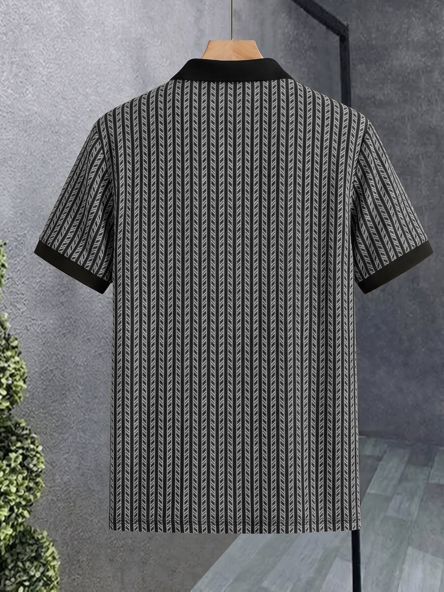 Men's Breathable Short-Sleeve Polo Shirt with Contrast Lapel Collar & Button-Up Collar - Striped Button Placket, Suitable for Casual, Business, Commuting - Machine Washable Summer Top for Daily Wear, Office & -Casual Outfits - Deep Gray