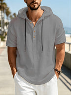 Men's 3pcs Hooded Henley Short-Sleeve Tops, Summer Lightweight Linen-Textured Half-Button Hoodie with Drawstring, Loose Fit Casual Solid Color Pullover - Khaki+white+gray