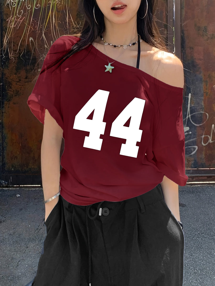 Women'S Casual Off-Shoulder Short Sleeve Number Print Pattern T-Shirt, Slouchy Casual Short Sleeve, Regular Loose Summer Short Sleeve Top - Burgundy