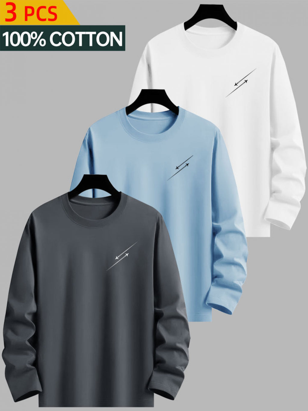3pcs - 100% Cotton T-Shirts, Men's Casual Printed Round Neck Long Sleeve Tops, Suitable for Spring/Autumn Travel Modern Urban Style, Spring Fashion, Travel Clothing, Fashion Design, Printed T-Shirts, Breathable Fabric, Comfortable Fit, Daily Basic - Combination Color 4