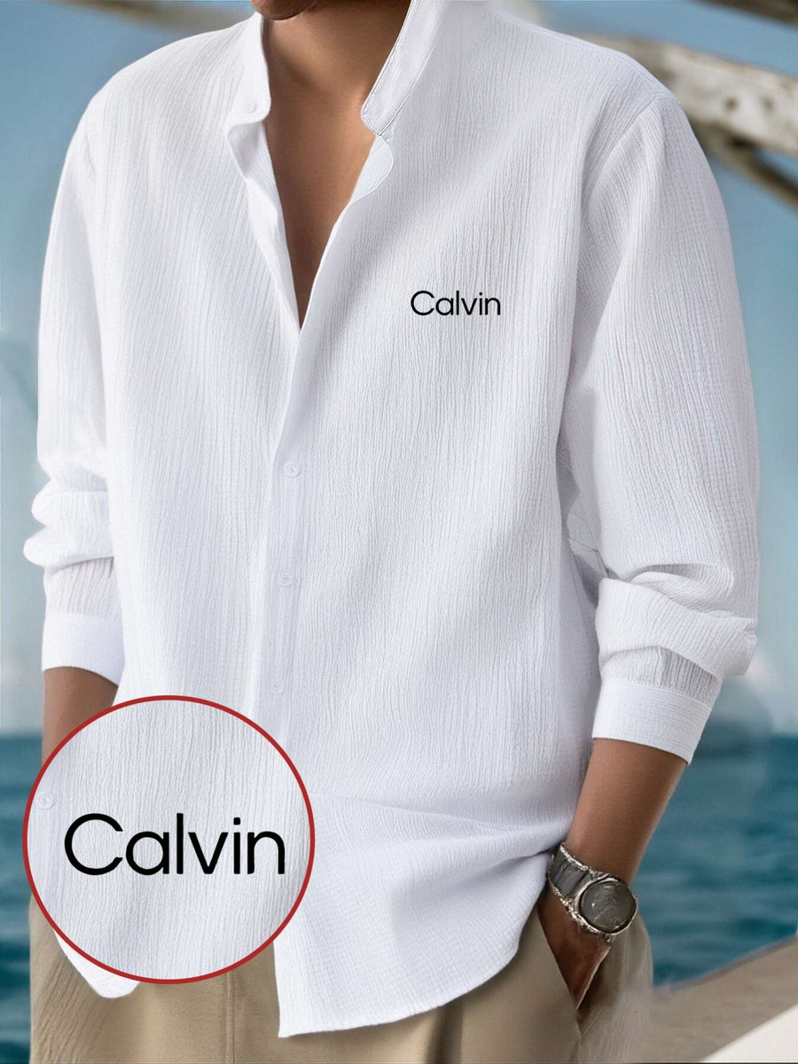 Men'S Classic Solid Color Casual Long-Sleeve Button-Up Shirt with a Stand Collar Design, Machine Washable, Featuring Calvin Letter Print, Suitable for All Seasons, Perfect for Outings, The Beach, And Everyday Wear, with a Loose Fit - White