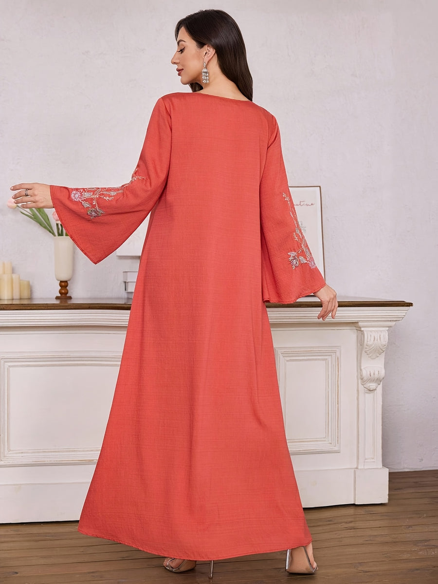 Al Najma Women ElegantEmbroidered Dress, MinimalistFashion Casual Daily Wear, Modest Kaftan - Orange Red