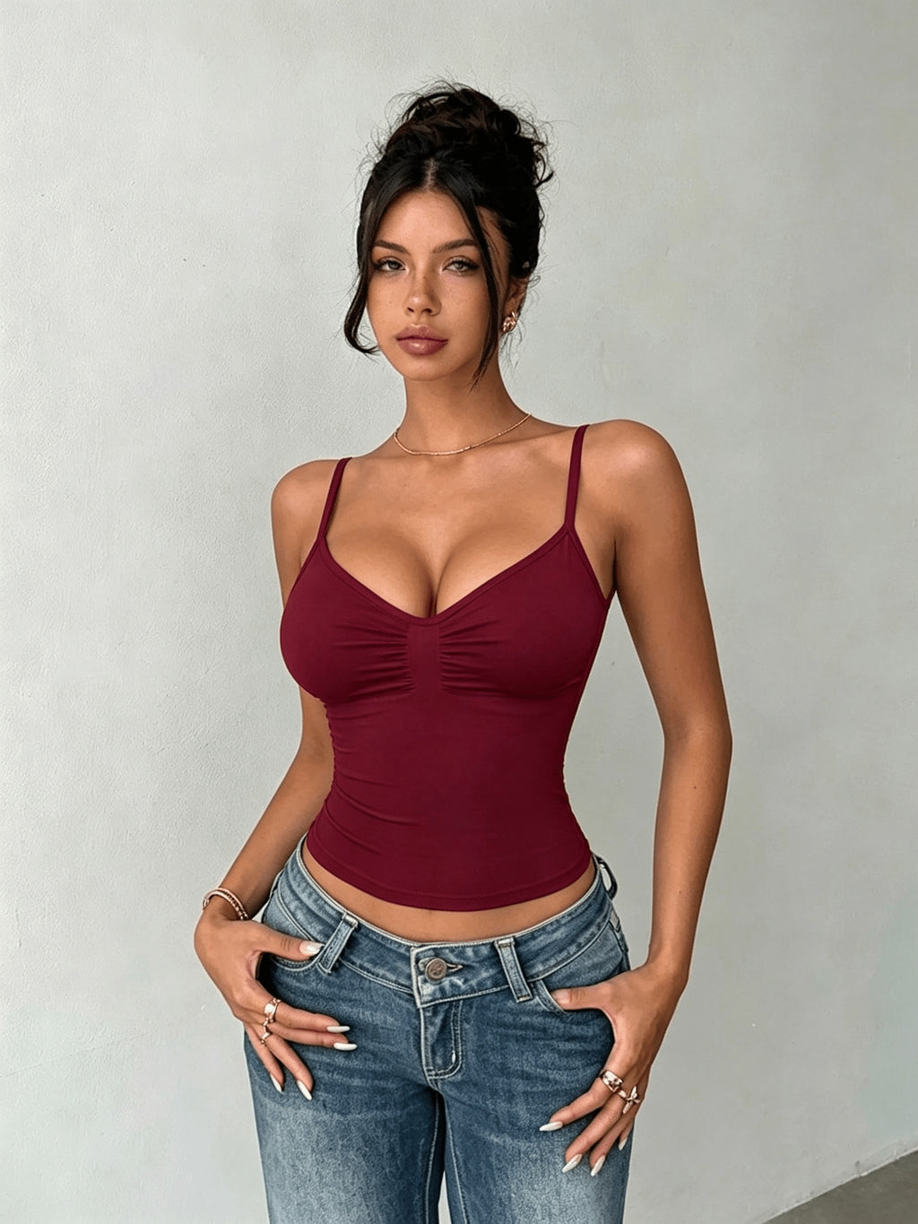 Women's Solid Color Pleated Slim Fit Casual Camisole Tank Top - Burgundy