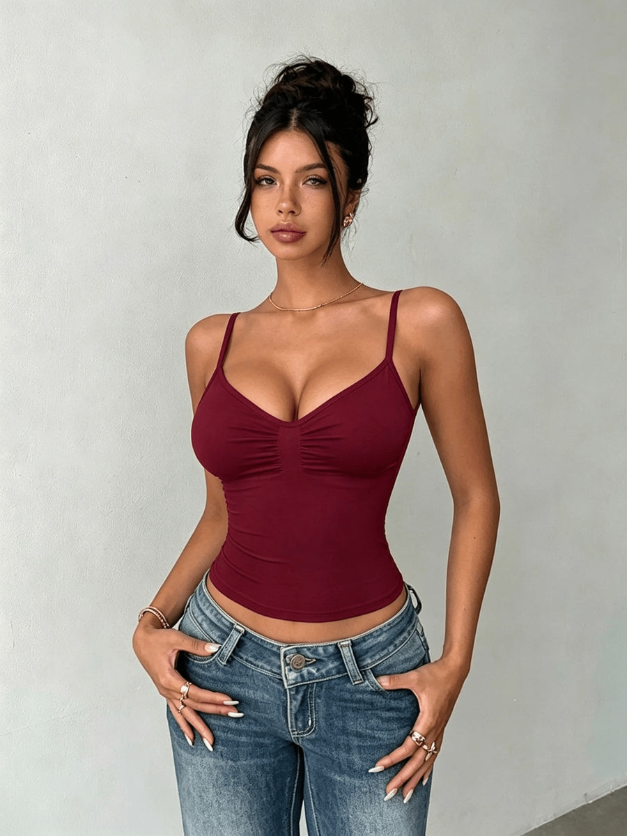 Women's Solid Color Pleated Slim Fit Casual Camisole Tank Top - Burgundy