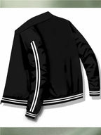 Men's Spring/Autumn Stand Collar Baseball Jacket with "BLACK" Lettering and Diamond Pattern Print, Zipper Front with Contrast Stripes, Lightweight Casual Windproof Sports Jacket - Black
