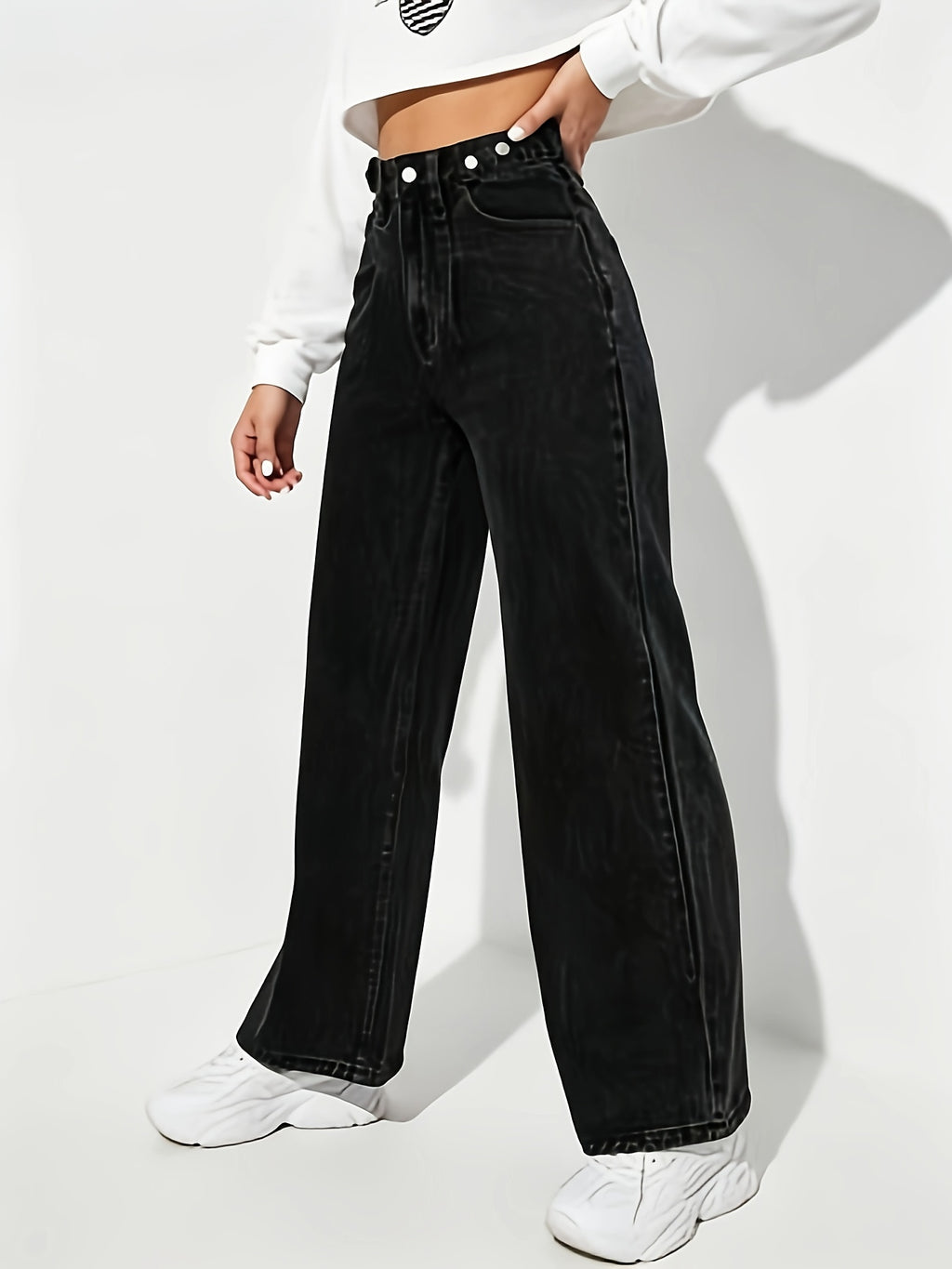 Autumn Winter Summer Women'S Denim Black Ear Stud Straight Wide-Leg Casual Fashion High-Waist Jeans - Black
