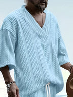 Men's Casual and Comfortable Outdoor Daily Sports Simple and Fashionable Youth High-quality Handsome American Versatile Knitted T-shirt Men's Summer Loose V-neck Sports Solid Color T-shirt Men - Sky Blue