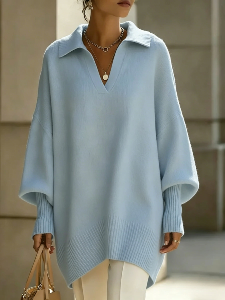 New Autumn/Winter French-Style Elegant Pullover, Polo Collar with V-Neckline, Batwing Sleeves and Drop Shoulder Design, Elegant, Comfortable, and Skin-Friendly, Women's Autumn/Winter Clothing, New Autumn Women's Style, Stylish Sweater, Popular Korean - Light Blue