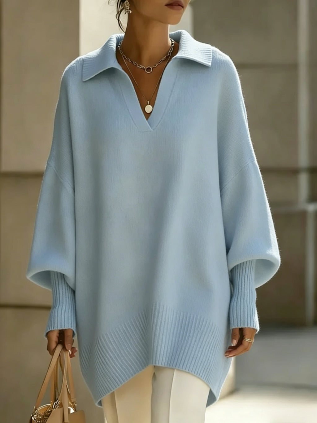 New Autumn/Winter French-Style Elegant Pullover, Polo Collar with V-Neckline, Batwing Sleeves and Drop Shoulder Design, Elegant, Comfortable, and Skin-Friendly, Women's Autumn/Winter Clothing, New Autumn Women's Style, Stylish Sweater, Popular Korean - Light Blue