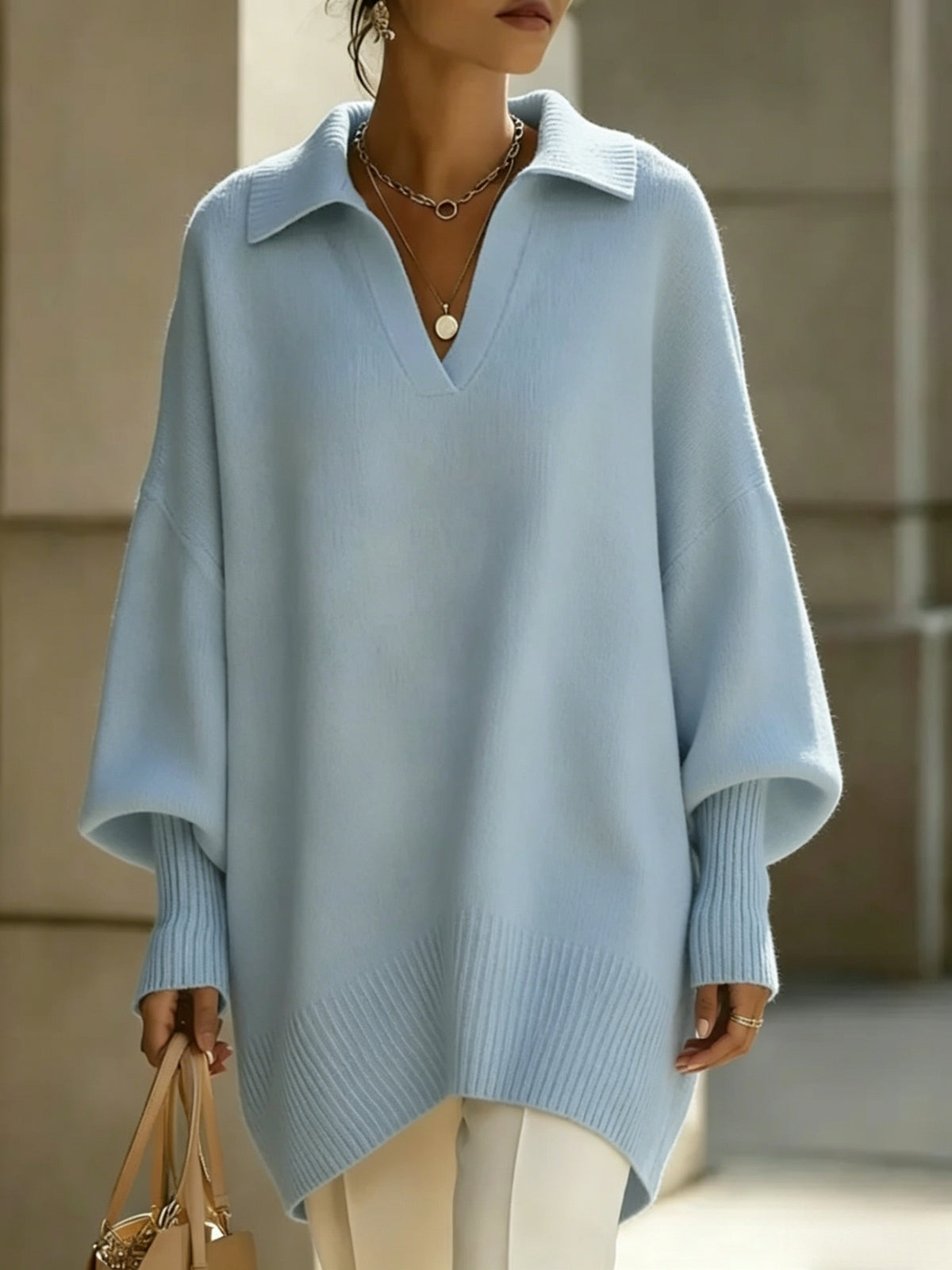 New Autumn/Winter French-Style Elegant Pullover, Polo Collar with V-Neckline, Batwing Sleeves and Drop Shoulder Design, Elegant, Comfortable, and Skin-Friendly, Women's Autumn/Winter Clothing, New Autumn Women's Style, Stylish Sweater, Popular Korean - Light Blue