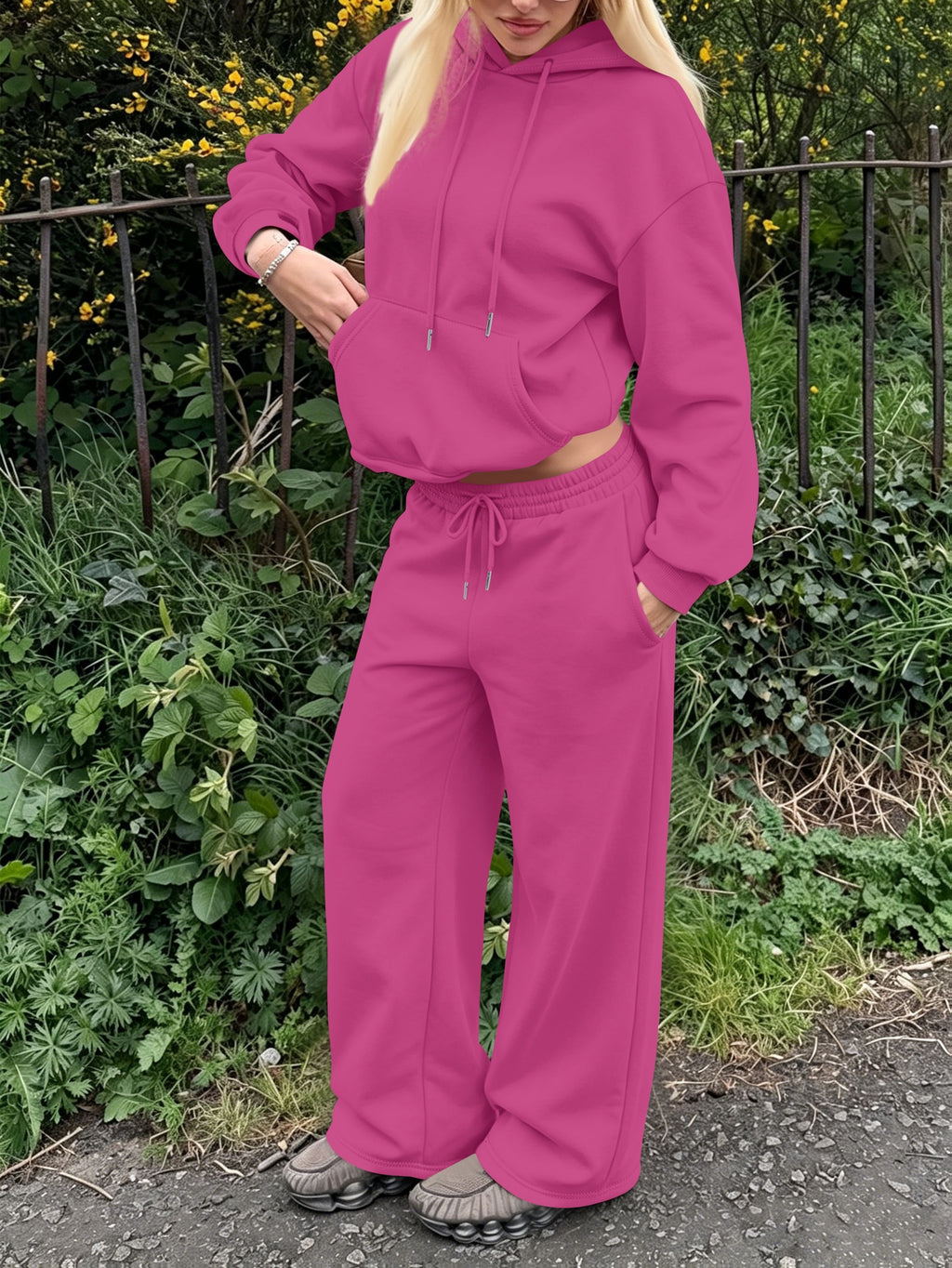 Halloween 2027NEW 2pcs Women's AutumnWinter Hooded Sweatshirt And Wide-Leg Pants Suit Kangaroo Pocket Long-Sleeve Jacket Wide-Leg Pants Suit Casual S Loose Suit Christmas Black Friday Cyber (27) - Rose Red Color