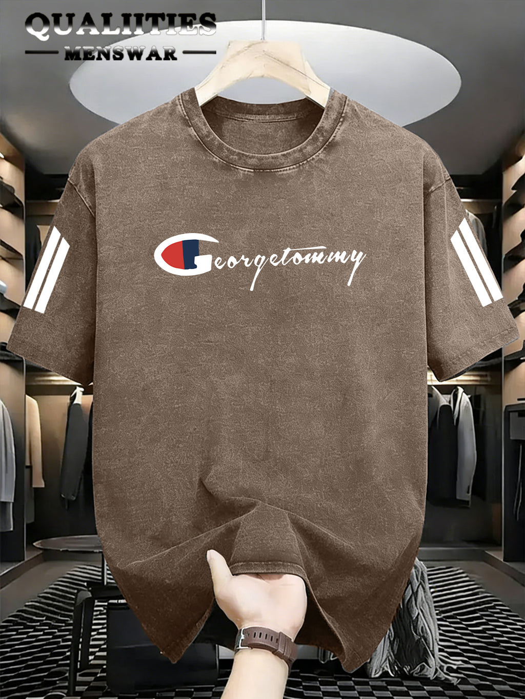 Men's Fashion Short-Sleeve Washed Distressed T-Shirt with "G" Letter Graphic Print, Suitable for Daily, Streetwear, Vintage, and Other Styling Approaches - Coffee Brown