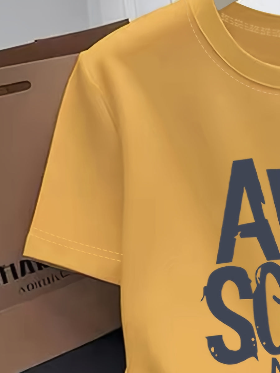 Spring/Summer Simple Round Neck Fashionable Loose-Fit Versatile Casual Short-Sleeve T-Shirt for Women, Printed Tee - Yellow