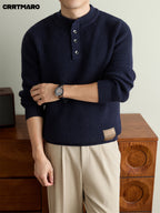Men'S Heavyweight Thick Mock Neck Henley Pullover Sweater, Warm Casual Layering Top for Fall And Winter - Navy Color