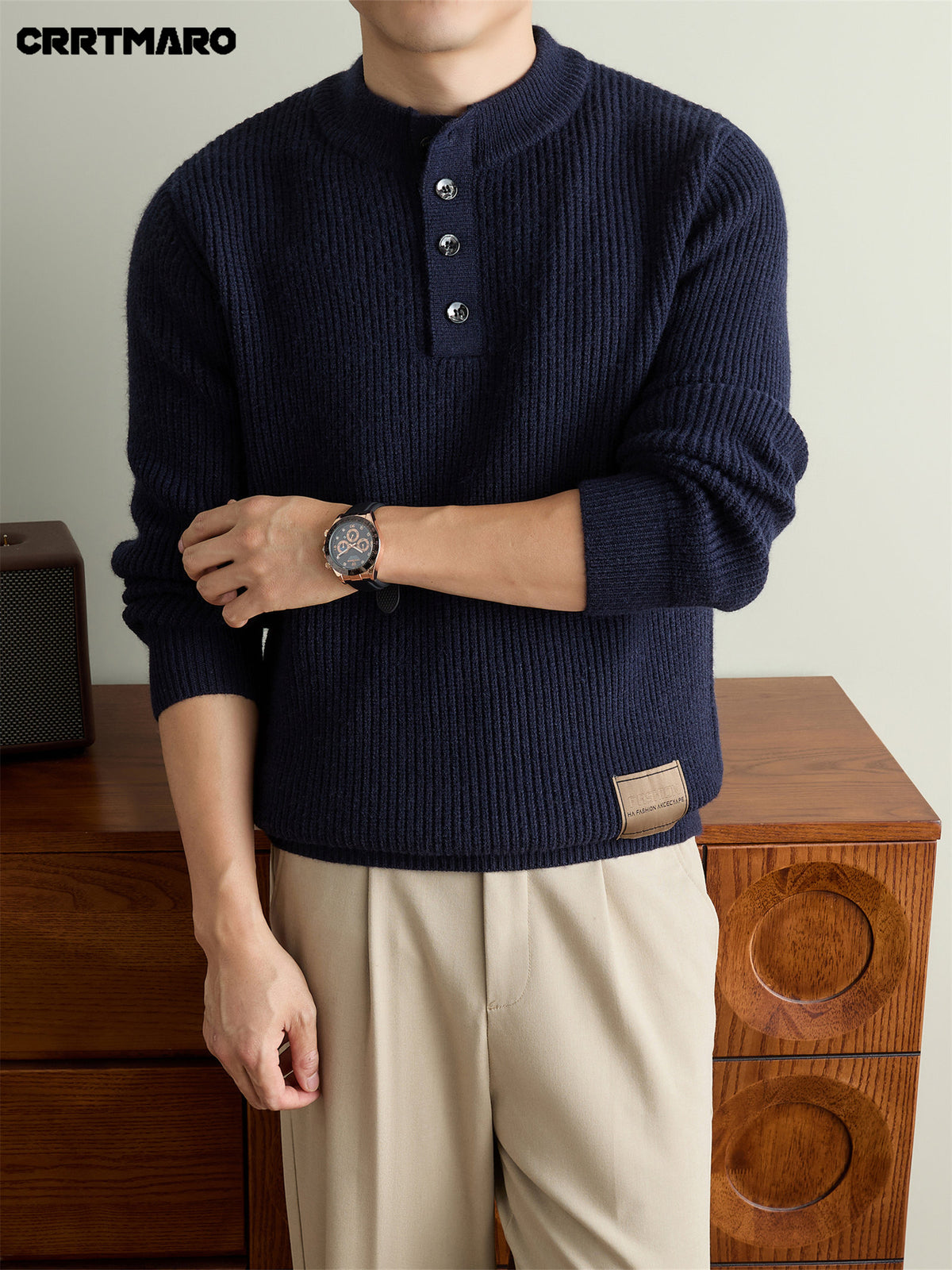 Men'S Heavyweight Thick Mock Neck Henley Pullover Sweater, Warm Casual Layering Top for Fall And Winter - Navy Color