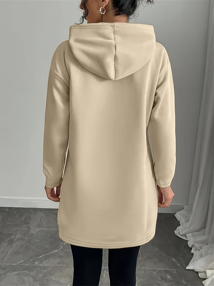 Autumn and Winter Fleece Hoodie Dress with Fashion Trend Print Kangaroo Pocket, Women's Casual Dress, Women's Casual Hoodie - Apricot