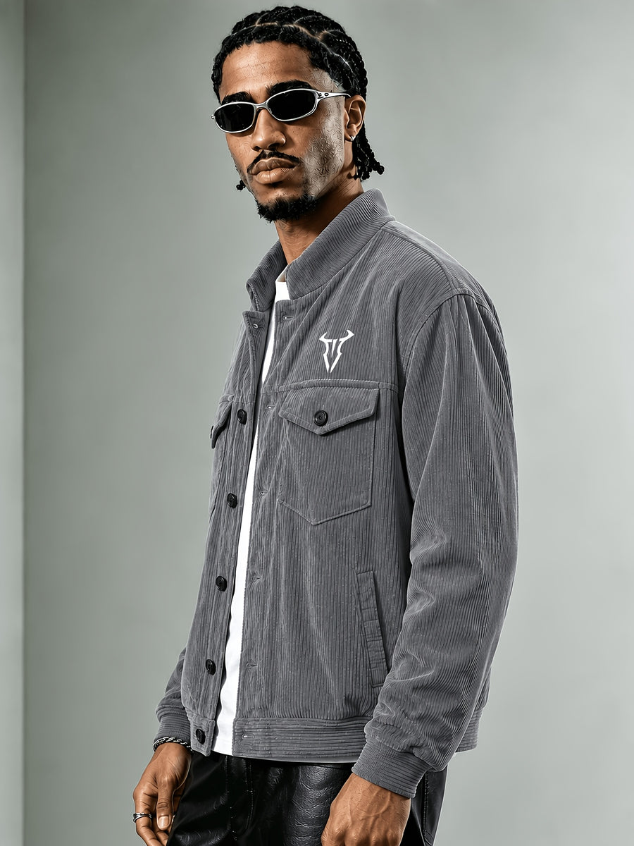 Men'S Corduroy Jacket, Autumn Winter Retro Stand Collar Long Sleeve Coat, Double Pocket Cow Head Print Cargo Casual Top, Loose All-Match Street Style Men'S Jacket - Dark Gray