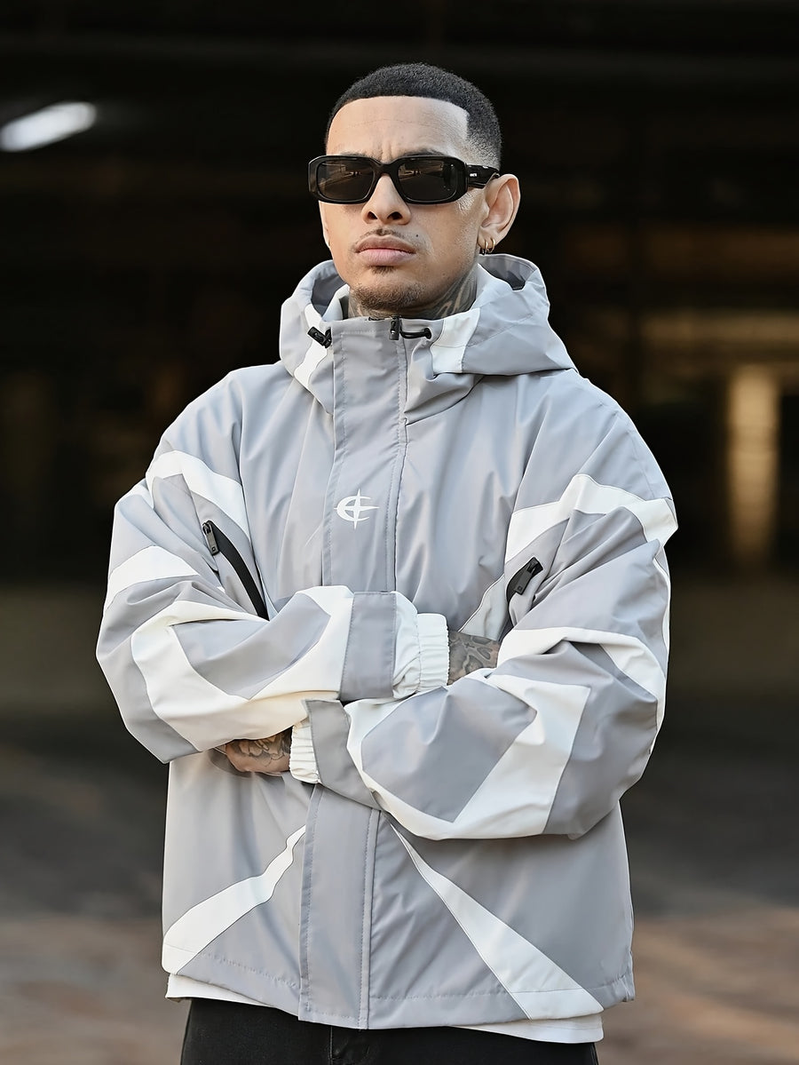 Men'S Contrast Color Hooded Jacket with Drawstring Hem, Elastic Cuffs, Outdoor Casual Sports Coat Suitable for Spring/Autumn Outfits, Parties, And Gifts for Boyfriend/Husband - Grey