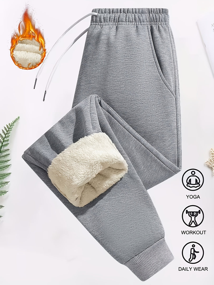 Winter Women'S Athletic Long Pants, Fleece-Lined Thick Casual Trousers with Elastic Waist And Ankle-Cinching Design - Grey