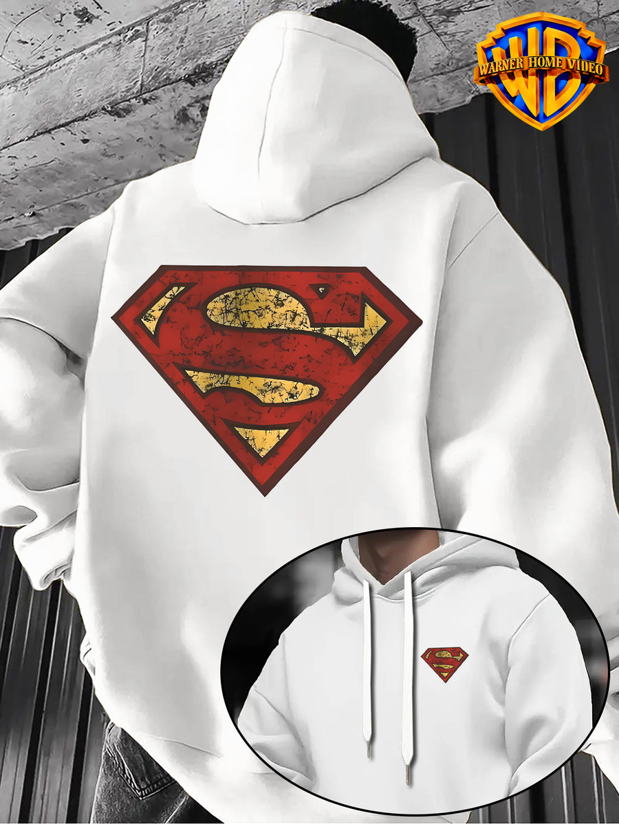 WB Warner Bros Official Superman Vintage Hoodie - Men's & Unisex Distressed Shield Logo Sweatshirt with S-Shield Back Print, Adjustable Hood, Loose Fit, Double-Sided Iconic WB Logo & Superman Emblem for Casual Wear, Machine Washable Warmth - White