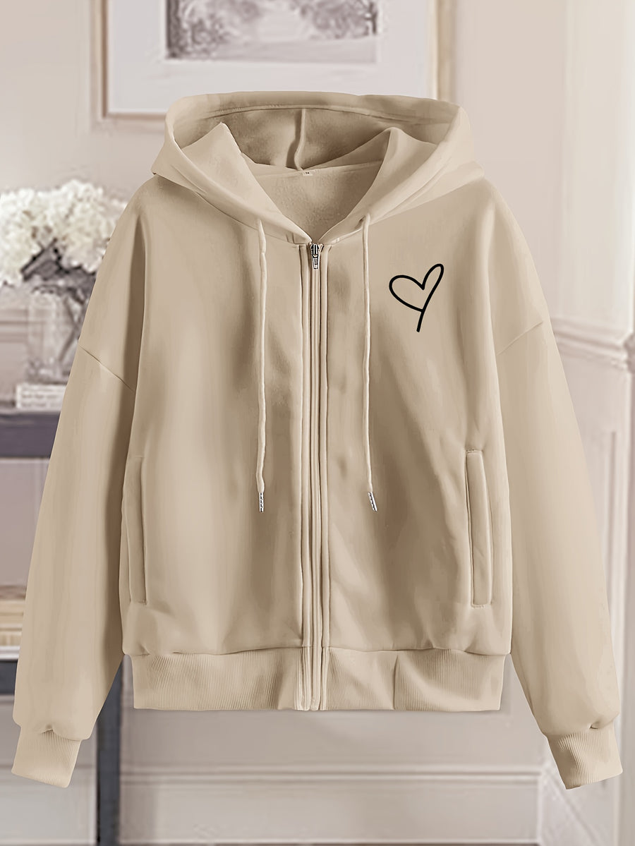Love Print Hooded Zip-Up Sweatshirt Women'S Loose Casual Basic Cardigan Jacket - Apricot