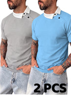 [Shule Water OBM] [Summer 2026 New 2pcs Set] Men'S Waffle Knit Off-Shoulder Button-Up Polo Shirt - Gray Blue