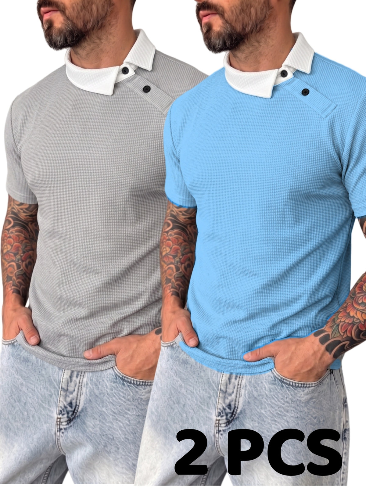 [Shule Water OBM] [Summer 2026 New 2pcs Set] Men'S Waffle Knit Off-Shoulder Button-Up Polo Shirt - Gray Blue