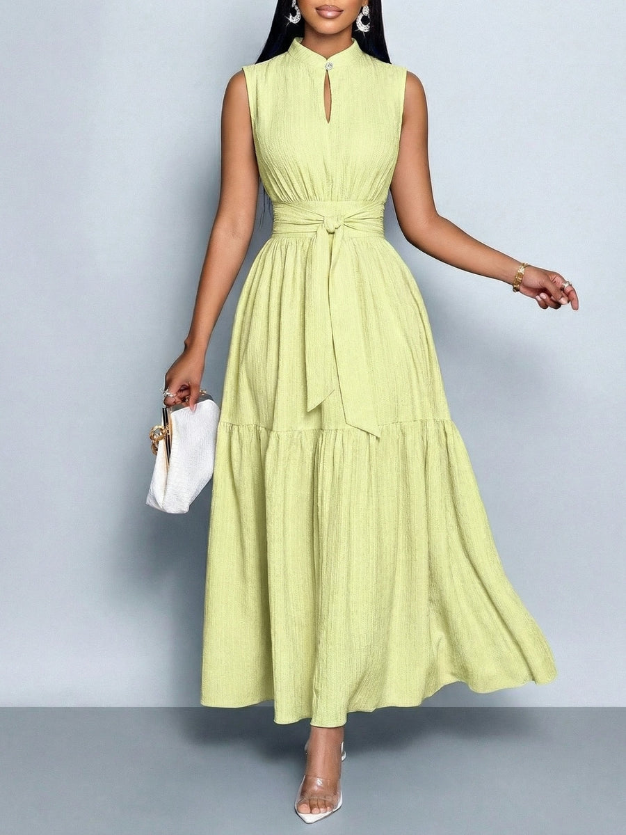 Elegant and Fashionable Women's Solid Color Stand-up Collar Sleeveless Waist-cinching Tie-knot Dress with Front Cutout, Suitable for Casual, Fashionable, and Commuting Styles. Selected from the Industry's Elegant Series, Ideal for Parties and Work - Fluorescent Yellow