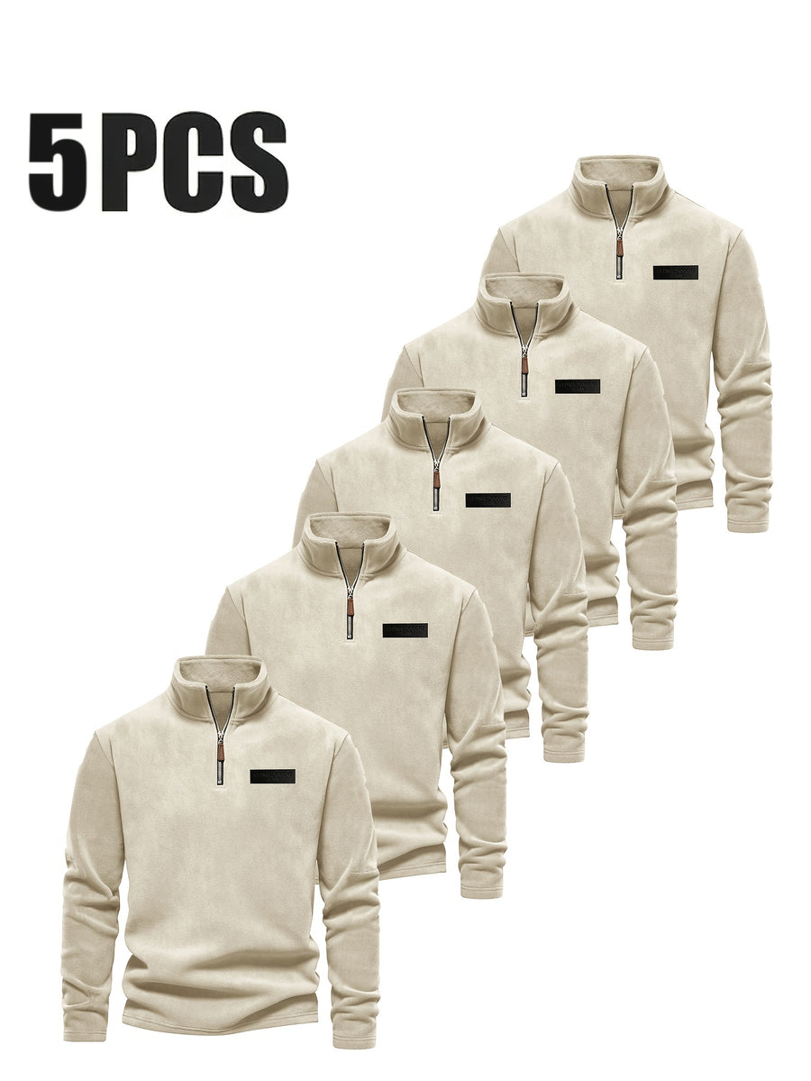 Men'S Winter Base Layer Outer Wear Comfortable Fleece Warm Stand-Up Collar Long Sleeve Sweatshirt 5pcs Set - Apricot + Apricot + Apricot + Apricot + Apricot