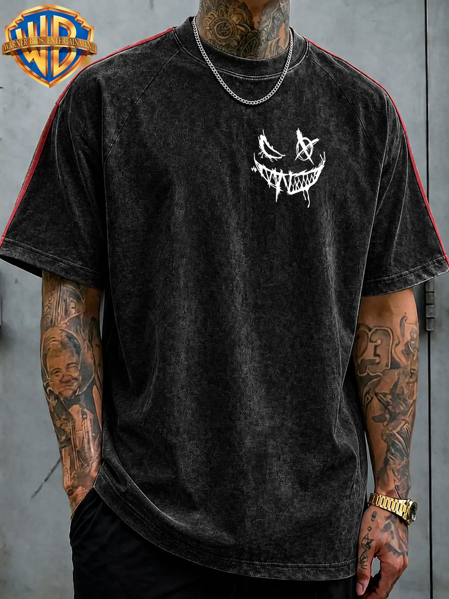 WB Warner Bros. Official License, American Dark Punk Hand-Drawn Creation, Classic Joker Quote with Bat Elements Retro Atmosphere T-Shirt, Men'S Loose Retro Street Casual Short Sleeve Top - Black