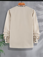 Spring And Autumn Men'S New Chinese Style Stand Collar Embroidered Long Sleeve Shirt, Flowing Wrinkle-Resistant Lightweight Casual Shirt for Outings, Shopping, Vacation, Daily Wear, Commuting Top - Apricot