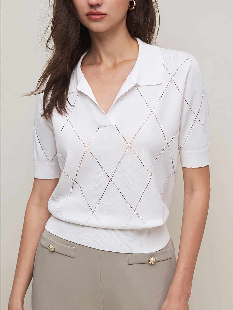 Women's Collar Rhombus Pattern Short Sleeve Top, Versatile Commuter Style for Spring and Summer - White