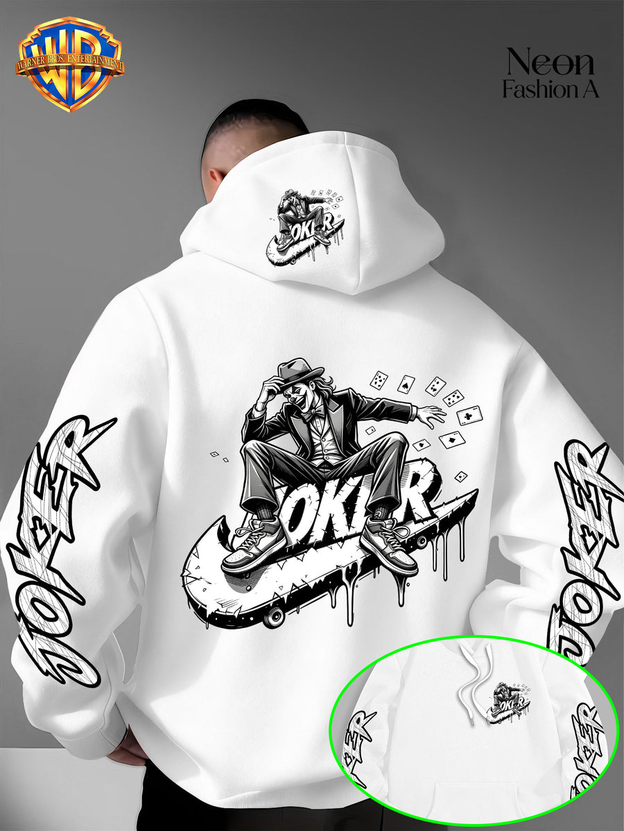 Warner Bros. Official Men'S Autumn Winter Trendy Print Hooded Fleece Sweatshirt, Long Sleeve Pullover Hoodie, Black And White Line Art Skateboard Joker Dripping Graffiti Trendy Print Pattern, Kangaroo Pouch And Drawstring Design - White