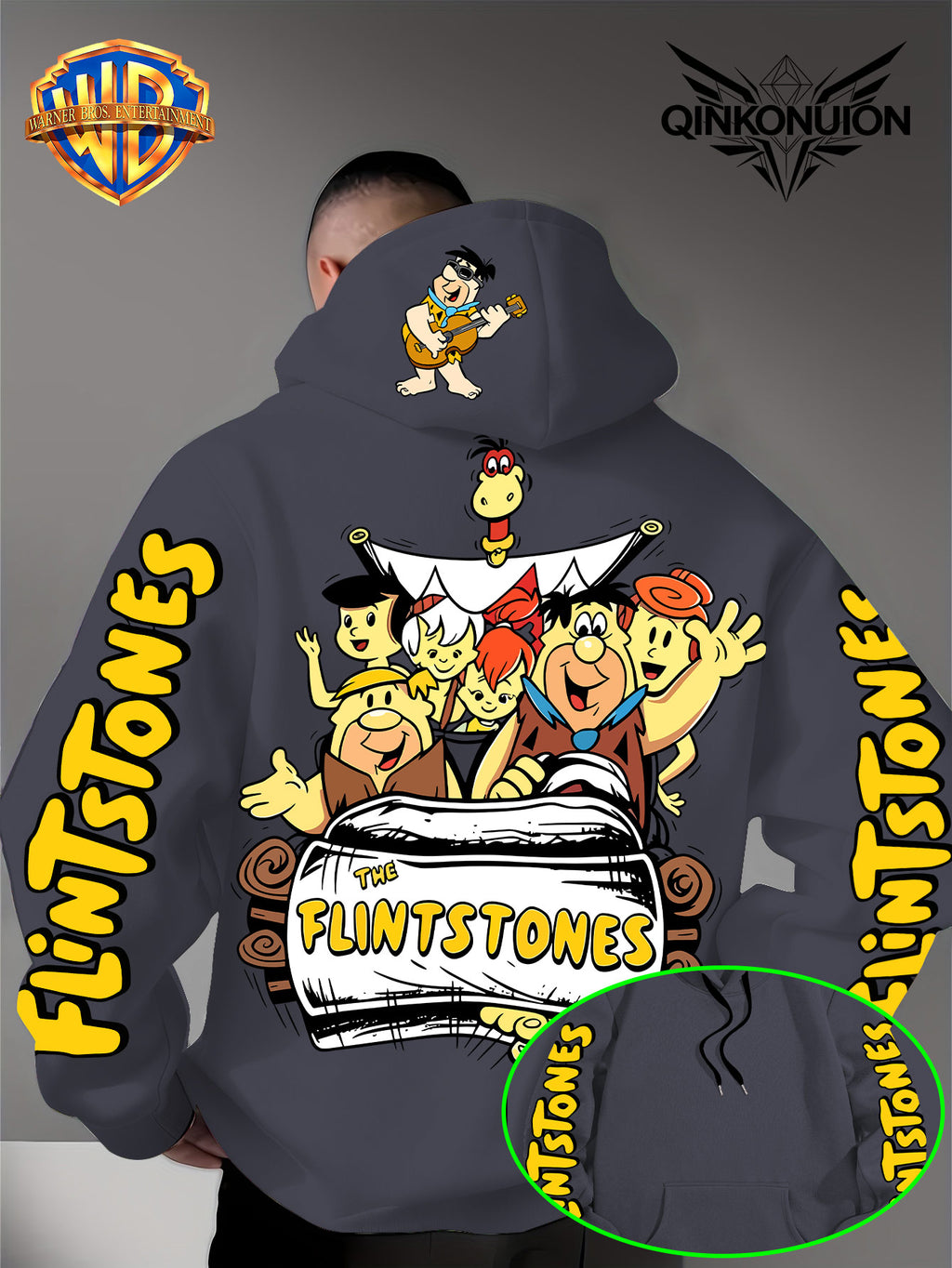 Warner Official Men's Hoodie, Stone Age Family Travel Happy Nostalgic Print Design, Machine Washable, Warm and Casual for Autumn and Winter Daily Drawstring Hoodie, Multi Functional Sports and Leisure Loose Fit - Dark Gray