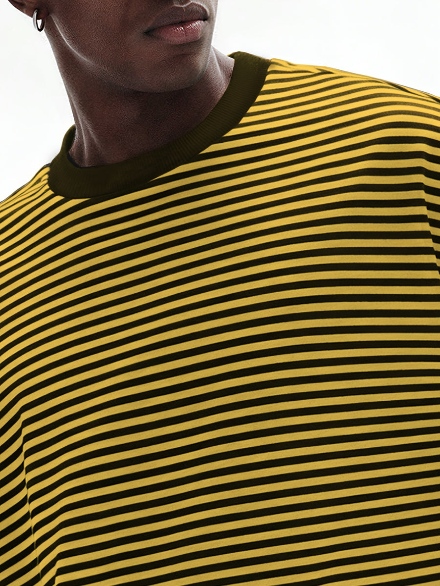 Summer Striped Cropped Loose-Fit Crew Neck T-Shirt, Men's Drop-Shoulder Simple Versatile Casual Top, Machine Washable - Multicolor