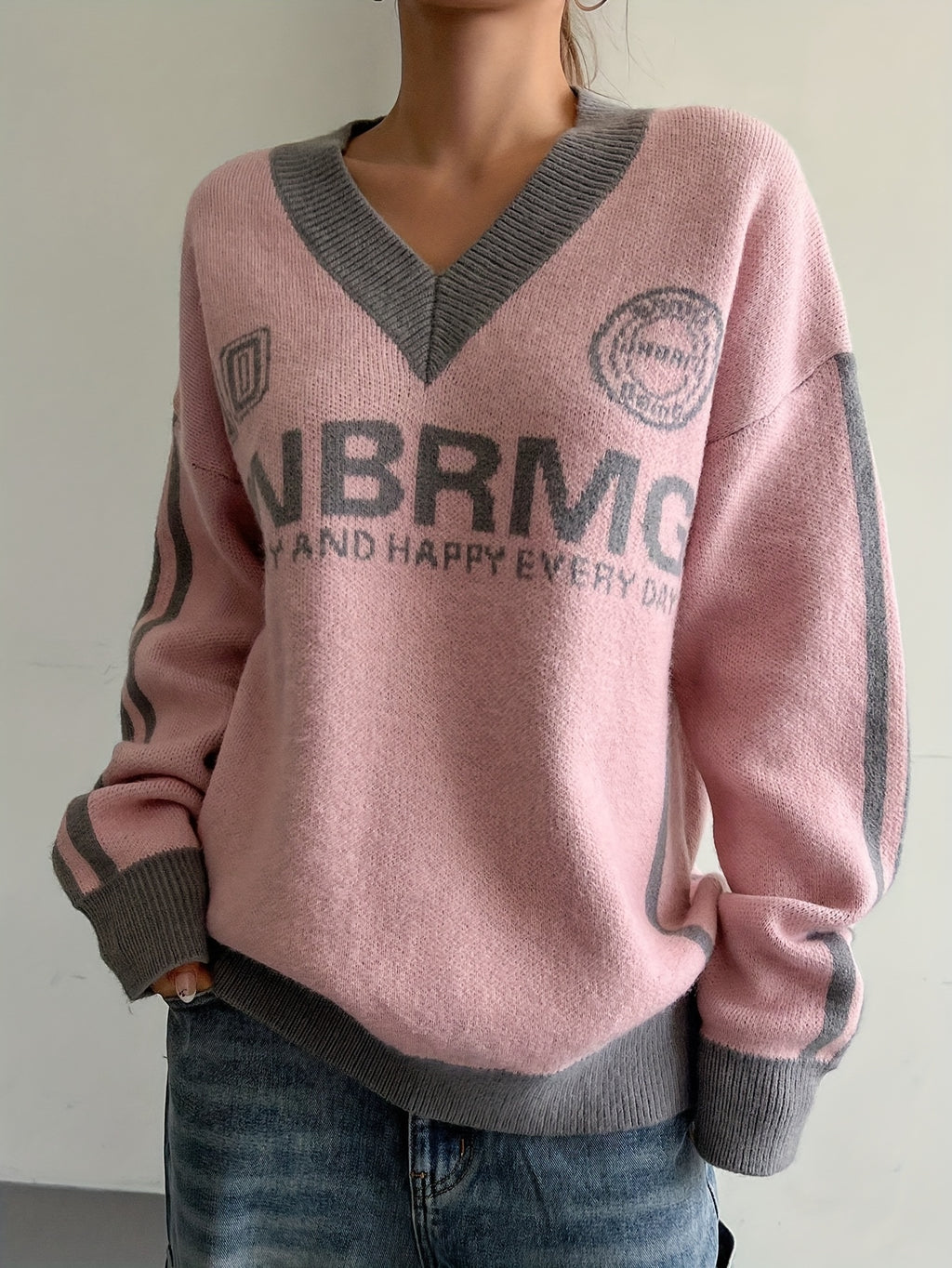 Women's Designer Academic Style V-Neck Vintage Streetwear Sweatshirt with American Lettering and Color Blocking - Pink Color