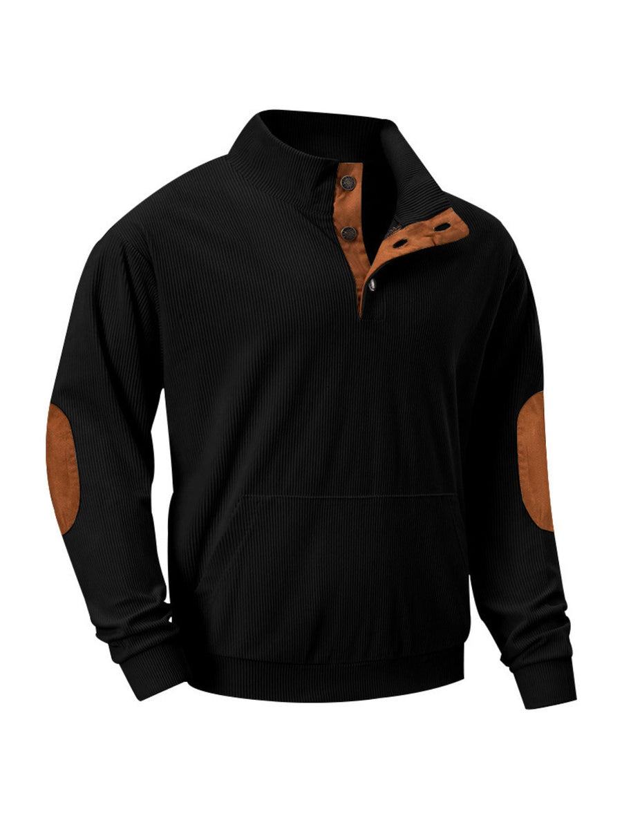 2pcs Men'S Corduroy Half-Button Stand Collar Long Sleeve Pullover Sweater, Contrast Color Button-Front Half-Open, Elbow Contrast Patchwork Decoration, Front Kangaroo Pocket, Ribbed Cuffs And Hem Retro Fashion Sweatshirt - Green+Black
