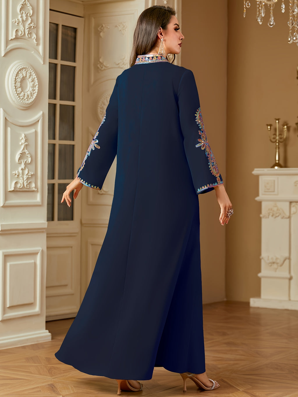 Elegant Middle Eastern/Arabic -Line Maxi Dress with V-Neck & Long Sleeves - Loose Fit -Length Dress Suitable for Ramadan Weddings, Cultural Events - Machine Washable Traditional Muslim Gown - Navy Color