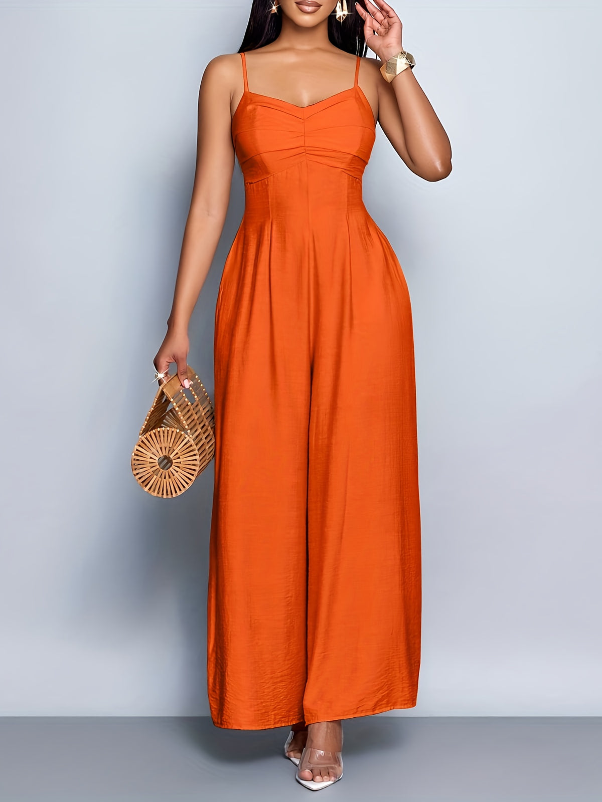Women'S Draped Front Lace Up Backless Wide Leg Cami Jumpsuit | Elegant Solid Color, Sleeveless, Long Length, Suitable for Everyday Wear & Vacation - Coral