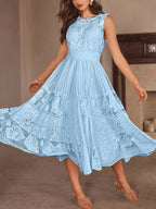 Wedding Guest Dress Women'S New Temperament Elegant Sleeveless Lace Floral Pattern A-Line Skirt Long Dress - Light Blue
