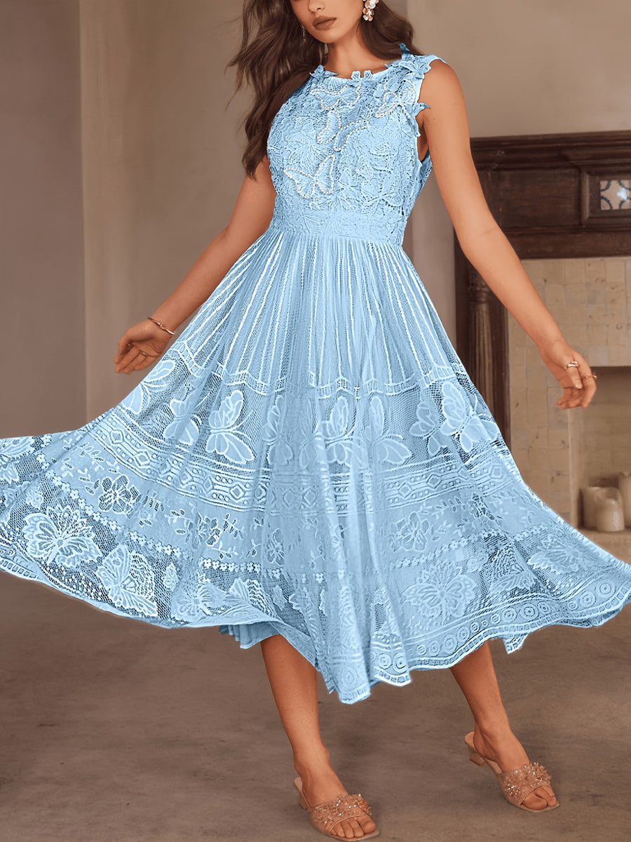 Wedding Guest Dress Women'S New Temperament Elegant Sleeveless Lace Floral Pattern A-Line Skirt Long Dress - Light Blue