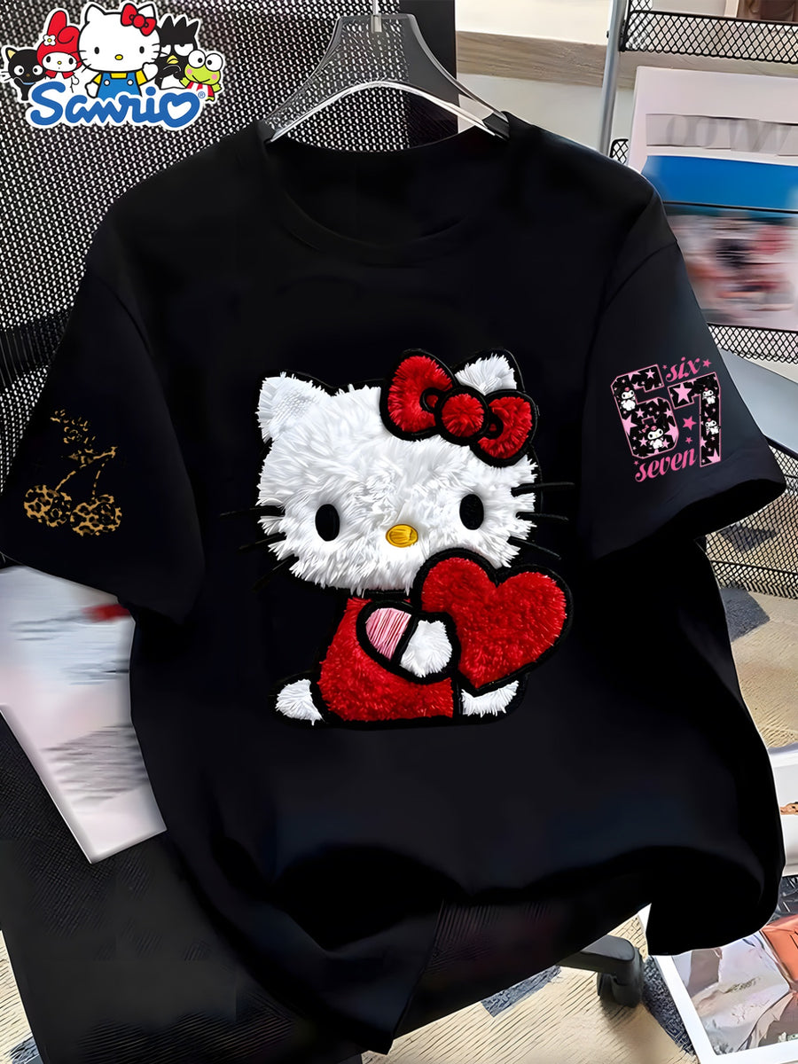 Summer New -Border European And American Women'S Short Sleeve T-Shirt, Hellokitty Cartoon Cute Pattern Print Design, Loose Round Neck Short Sleeve Casual Top, Comfortable And Fashionable Home Wear, Multi-Color Options, Easy Style, Trendy Design - Black
