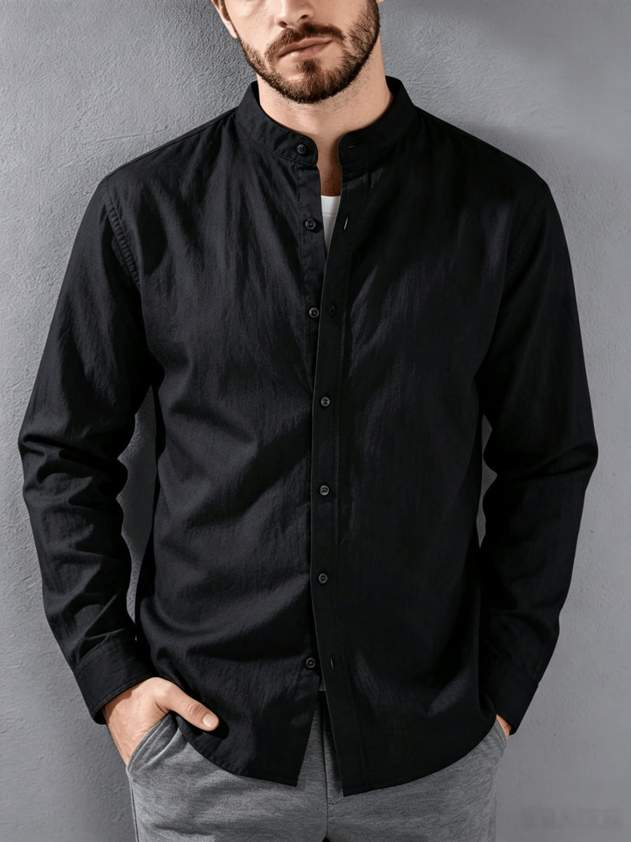 [Know And Give OBM] Men'S Long Sleeve Button-Casual Beach Shirt - Spring Summer Autumn, Commute Style, Light Mature Casual, All-Match Top, Beach Wear, Stand Collar Shirt with Relaxed Fit, Men'S Solid Color, Comfortable Top - Black
