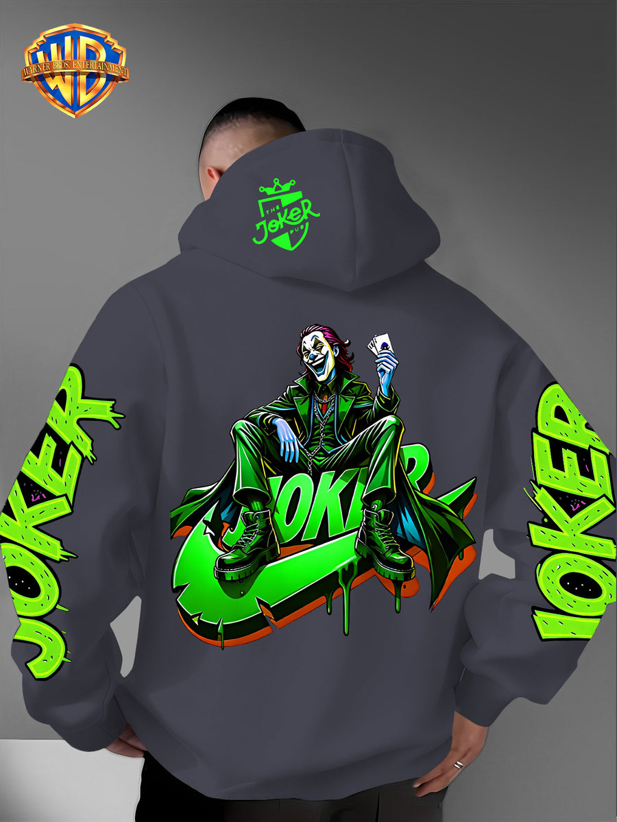 Warner Bros. American Trendy and Cool Hook, Hisley Jay Joker, JOKER Splashed Ink Graffiti Print Hooded Sweatshirt, with Adjustable Drawstring, Comfortable and Warm, Fashionable and Versatile Men's Casual Sweatshirt - Dark Gray