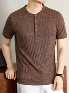 Men'S 2026 New Summer Short Sleeve, Vertical Rib Knit, Regular Fit Casual Top, Easy And Fashionable for Daily Wear, Business Commute, Vacation And Weekend Leisure - Coffee Color