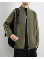 [Wading Whale OBM] Spring/Autumn New Men'S Knit Cardigan, Old Money Style Color-Block Striped Zipper Front Stand Collar Cardigan for Men, Business Casual Fashion Knitwear, Suitable for Spring, Autumn, Winter Layering Or Outerwear, Fits Daily Casual - Olive