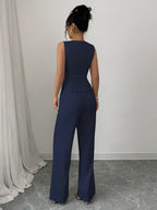 Sleeveless Elegant Vest And Women'S Pants Set, Summer Office Wear - Navy Color
