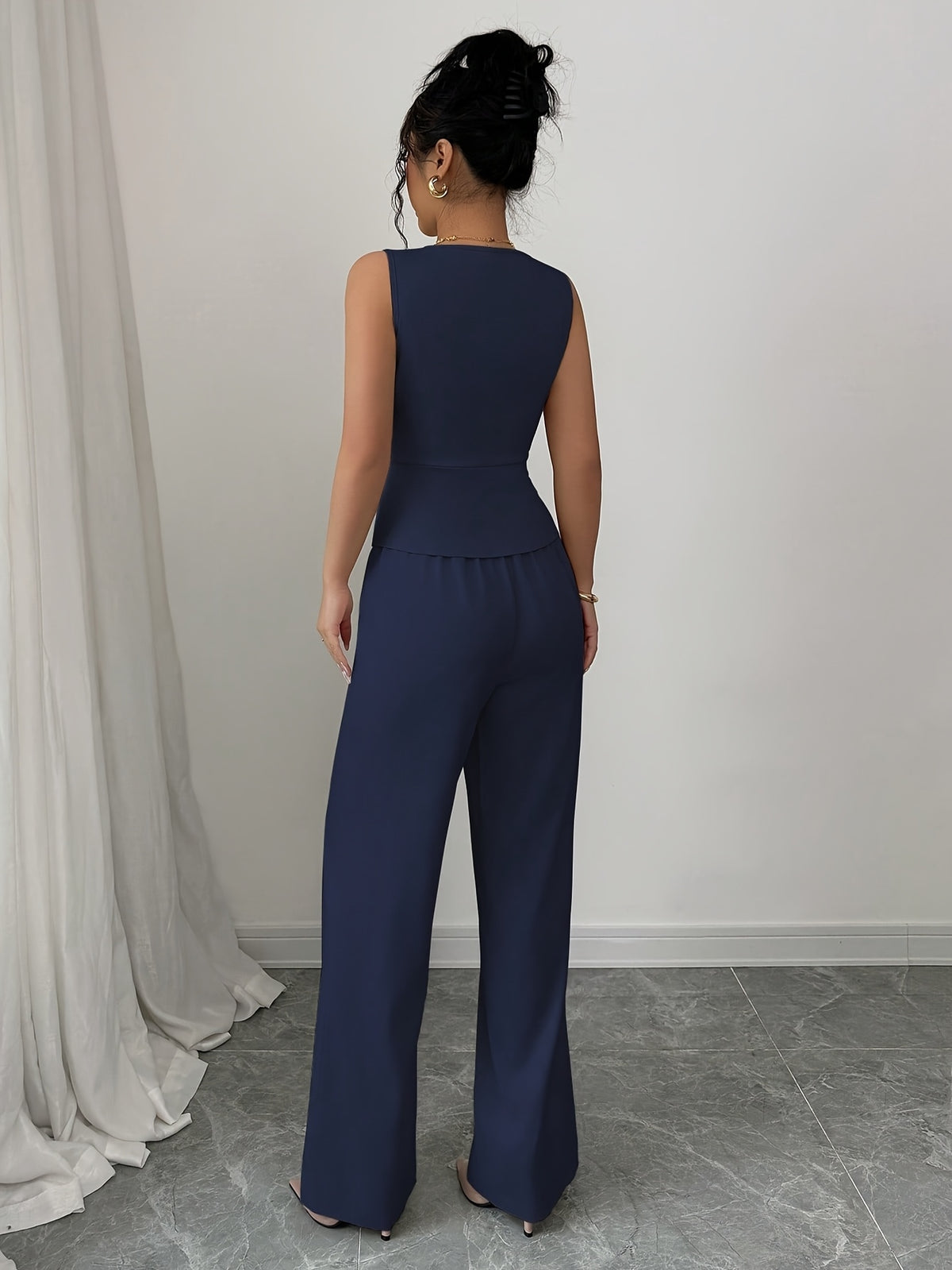 Sleeveless Elegant Vest And Women'S Pants Set, Summer Office Wear - Navy Color